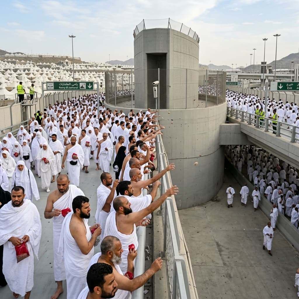 Pilgrims performing the stoning of Jamarat
