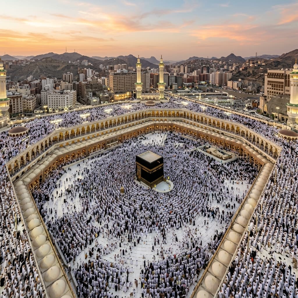 Pilgrims performing Tawaf around the Kaaba